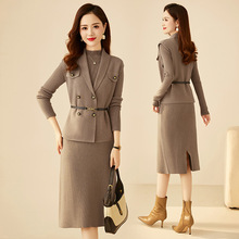 品质保证减龄中年女大码小香风两件套装针织打底连衣裙秋冬羊毛裙