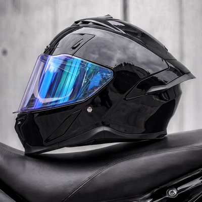 riding, full-face motorcycle helmet, Motosiklet kaskı (dəbilqə) - piano-black-finish-electronic-blue-mirror-coating-includes-a-transparent-mirror-m55-56cm