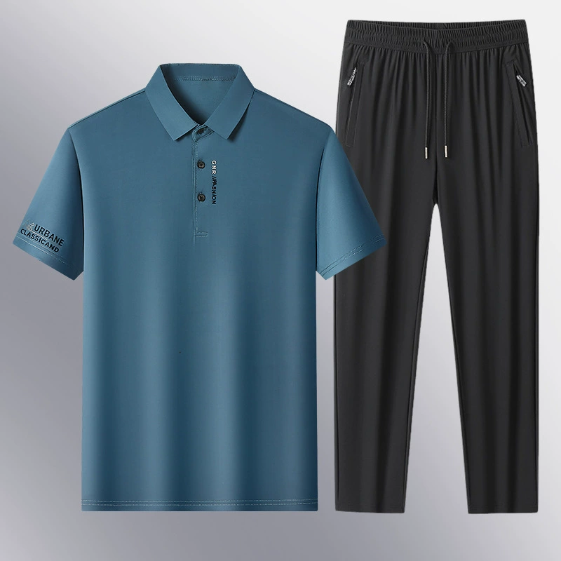 Летняя рубашка-поло из ледяного шелка и брюки, костюм для мужчин среднего и пожилого возраста, деловой повседневный впитывающий пот и быстросохнущий костюм из двух частей для папы
