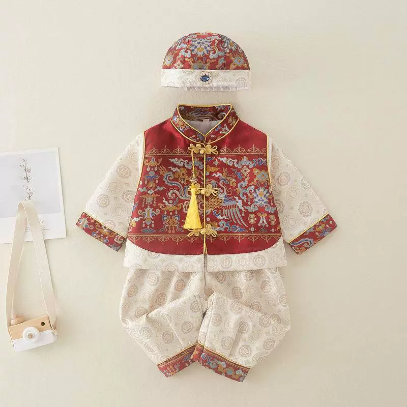 25 весенне-осенних новых однолетних платьев для маленьких мальчиков, праздничная одежда в китайском стиле для дня рождения, еженедельная одежда на сто дней, детский костюм Тан, одежда с короной