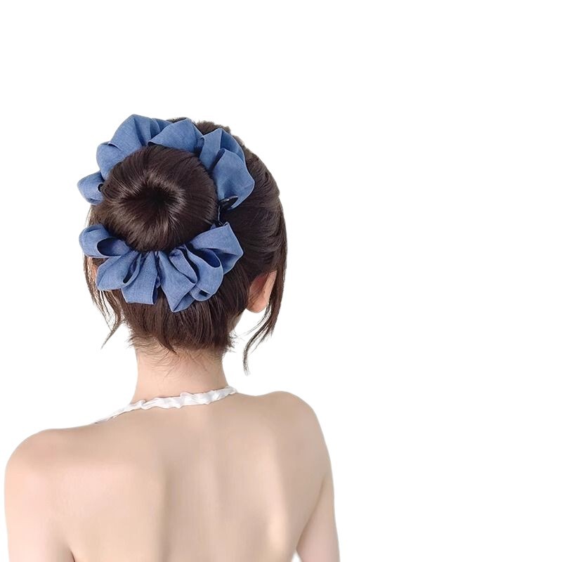 2025新版女款花苞丸子头女本时尚蓝色牛仔抓夹丸子夹增发量假发|undefined