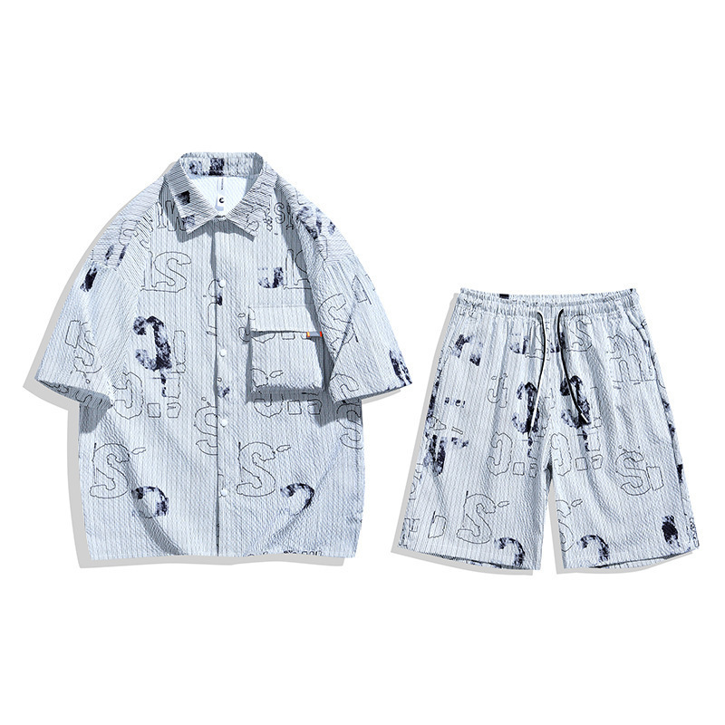 2024 nuevo tamaño grande burbujas de vestir de verano para hombres ropa de manga corta camisa + pantalones cortos un conjunto 
