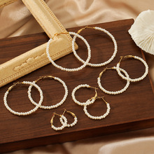 跨境钛钢18k镀金圆形镶珠耳环女士珍珠贝壳欧美ins感钛钢耳环批发