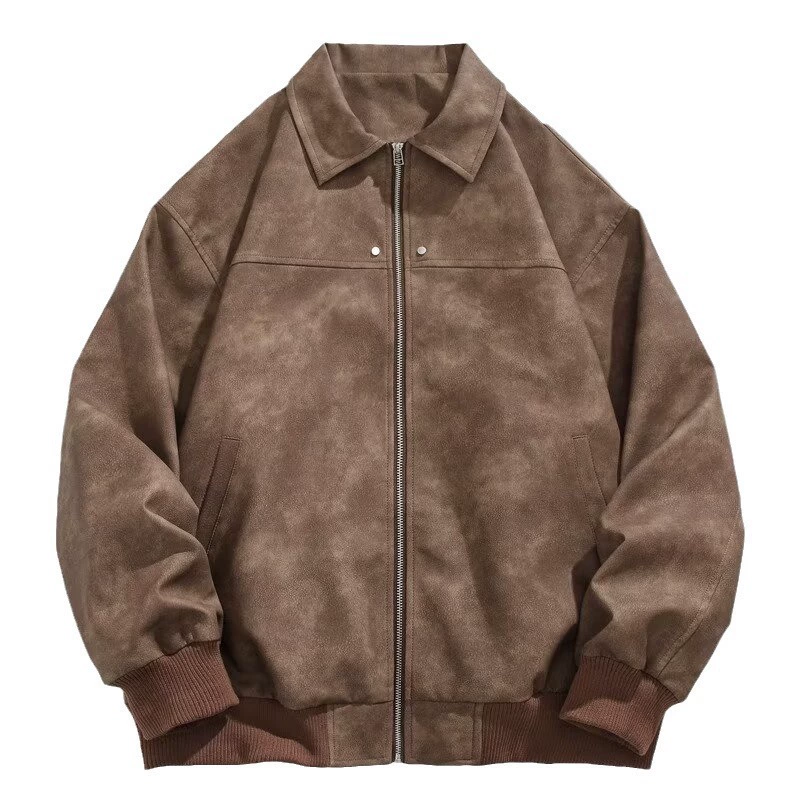 Autumn retro brown short polyurethane jacket, American style