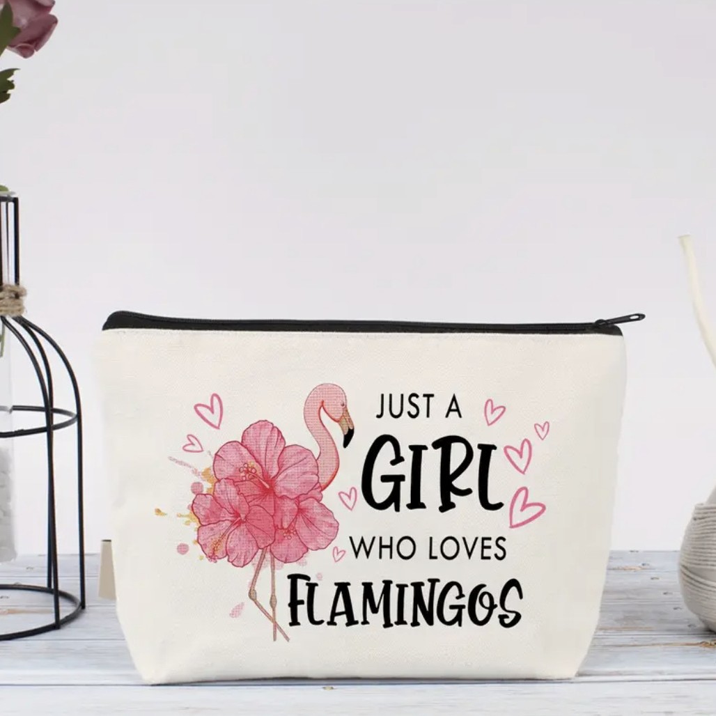 Amazon Cross-border Flamingo Bolsa de cosméticos de lino y algodón impresa a doble cara Bolsa de regalo Bolsa de almacenamiento con estampado de letras de dibujos animados