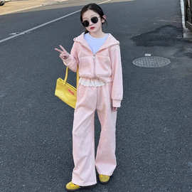 女童春装套装2025甜美时髦中大童蝴蝶结连帽卫衣外套休闲裤两件套