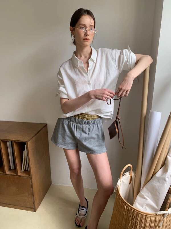 “格纹拼接双腰头设计”南油女装批发纯棉撞色运动休闲百搭短裤女|undefined