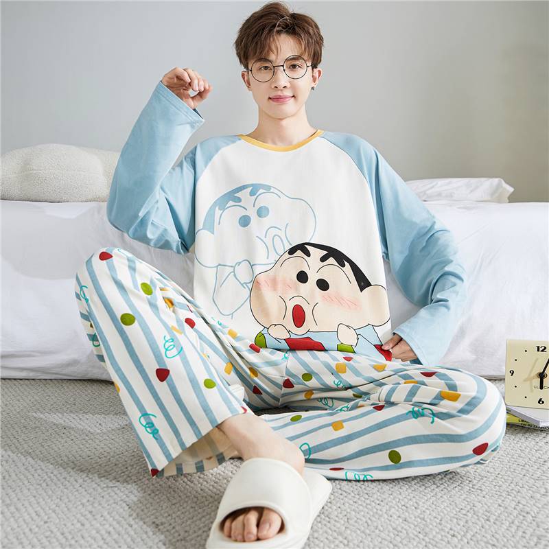 Pajamas for Men, Pure Cotton, Long-Sleeved, Spring and Autumn, Cartoon Style, Teen Boys, Large Size, Can Be Worn Outside, Student Home Wear Set