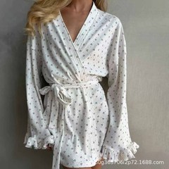 女士家居服2025欧美睡袍宽松爱心花边休闲印花长袖跨境秋冬季系带
