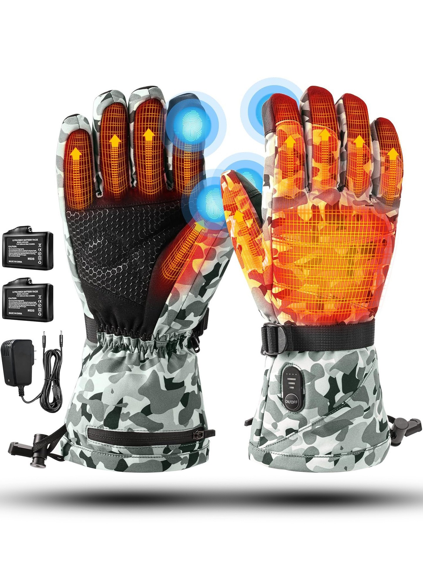 Fabricante personalizado camuflaje al aire libre esquí calentamiento guante caliente motocicleta pantalla táctil calefacción eléctrica unisex