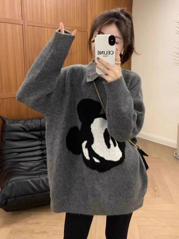 新款牛仔领外贸复古假两件可拆卸领宽松秋冬套头针织衫宽松毛衣女|undefined