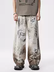Japanese Style Vintage Graffiti Wide-Leg Jeans for Men#Youth Distressed Heavy Wash Long Pants High-End Feel