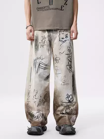 Japanese Style Vintage Graffiti Wide-Leg Jeans for Men#Youth Distressed Heavy Wash Long Pants High-End Feel