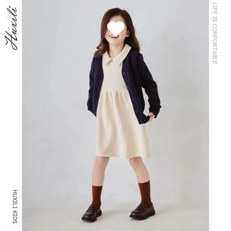 Детская одежда, весенние и осенние платья для девочек, детские весенние повседневные свободные юбки-поло из чистого хлопка с длинными рукавами и лацканами для больших детей