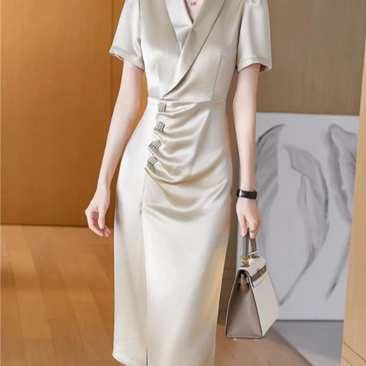 Платье высокого класса из ацетата, женская летняя новая тонкая плиссированная юбка средней длины с V-образным вырезом и узкой талией и короткими рукавами