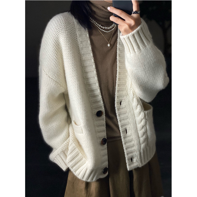 Cashmere Cardigan Women's Cashmere V-Neck Sweater Coat Autumn and Winter New Loose Slimming Wool Knit Outerwear Trendy