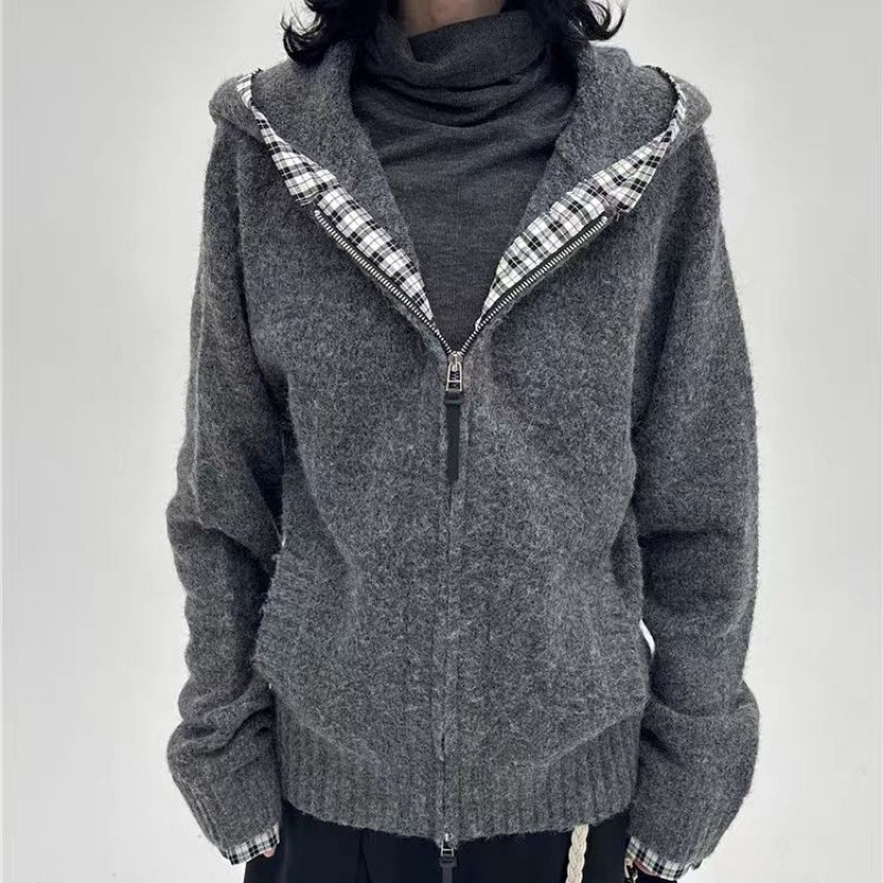 灰色双拉链针织开衫拼接格纹连帽毛衣外套男女秋冬季慵懒宽松均码|undefined