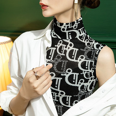 Autumn new style stand-up collar lace bottoming shirt for women, sleeveless mesh letter printing, sexy inner style vest