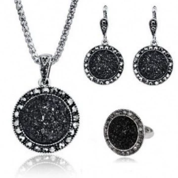 Европа и США трансграничные горячие ювелирные изделия Мода черное кольцо ожерелье серьги черный блеск из трех частей набор производителей оптом