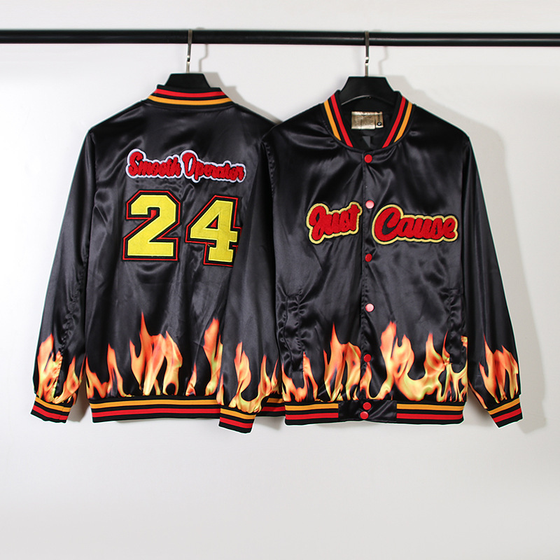 American High Street Vintage Basketball Towel Embroidered Unicorn Arm Flame Print Baseball Uniform Coach Stand Collar Jacket Trendy American High Street Vintage Basketball Towel Embroidered Unicorn Arm Flame Print Baseball Uniform Coach Stand Collar Jacket Trendy