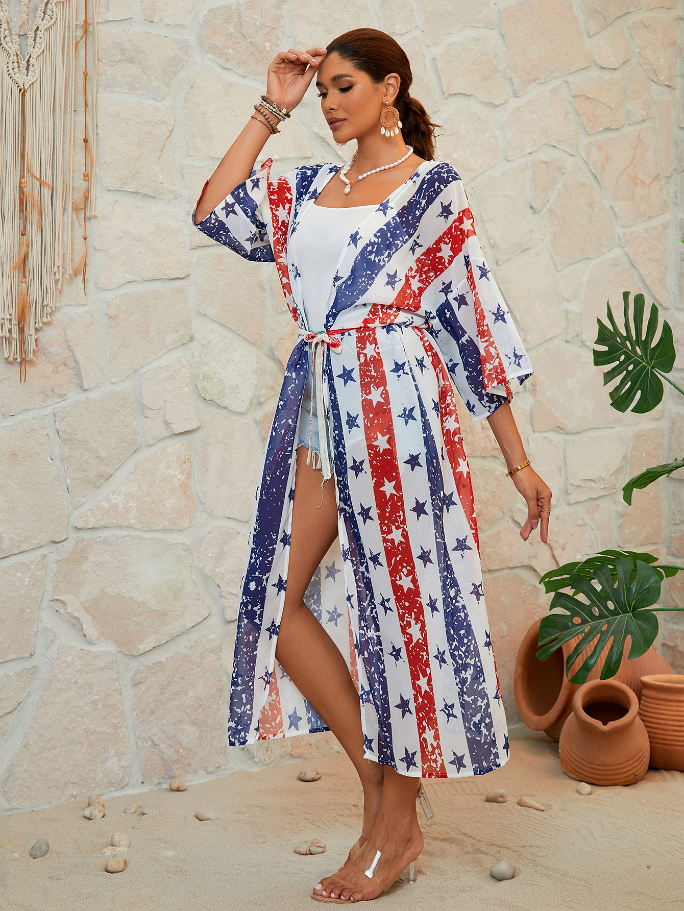 Bandera europea y americana impresa vacaciones cardigan playa trajes de baño con bikini camisa XF296