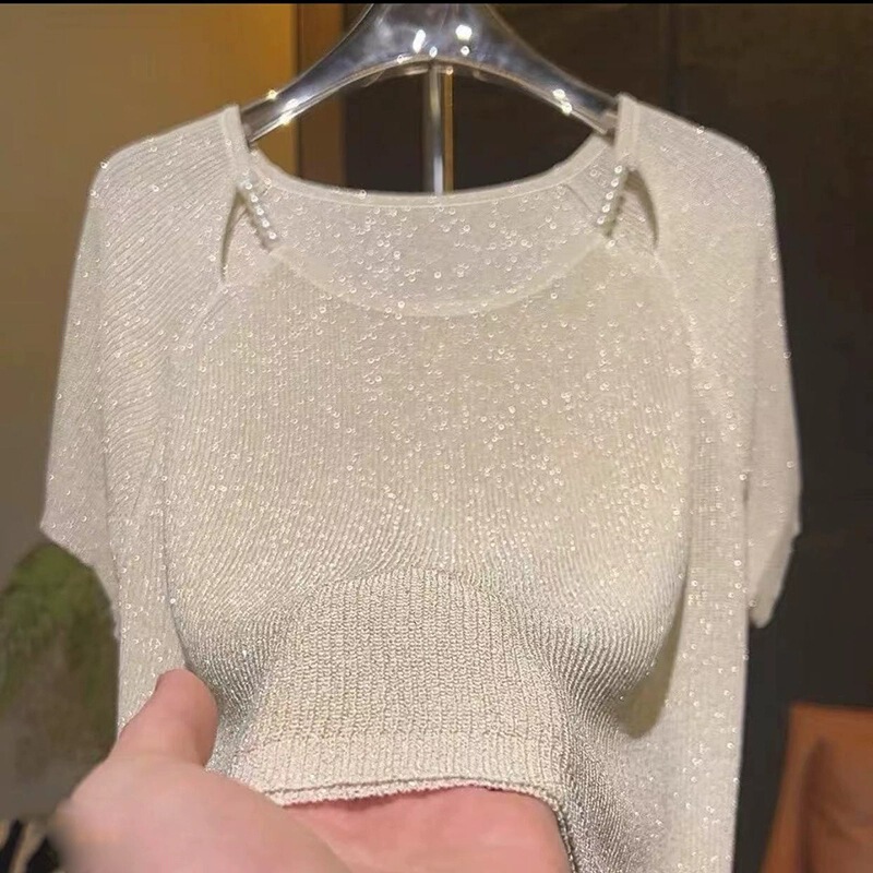 New Knitted Sweater with Glitter, Large Size, Ice Silk Design, Beaded, Loose, Slimming, Clavicle Short-Sleeved, Elegant Top, Light and Thin