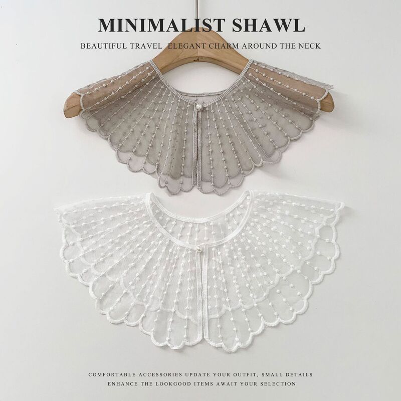 Sun Protection Shawl with Lace Embroidery and Pearls, Small Shawl for Women, Decorative Neck Protector for Dresses and Shirts, Hollow-Out Fake Collar Sun Protection Shawl with Lace Embroidery and Pearls, Small Shawl for Women, Decorative Neck Protector for Dresses and Shirts, Hollow-Out Fake Collar
