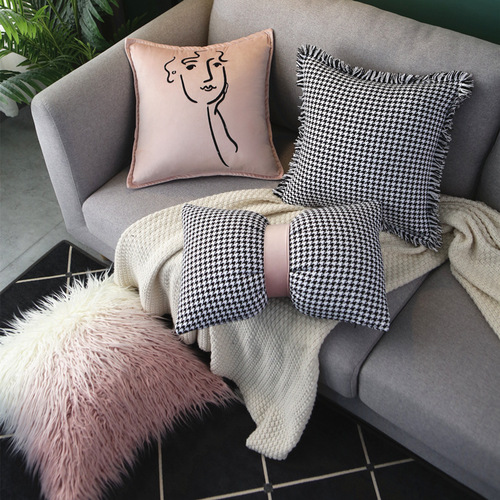 Pink group pillow case ins long hair cushion sofa cushion office lumbar pillow cushion sofa houndstooth pillow case