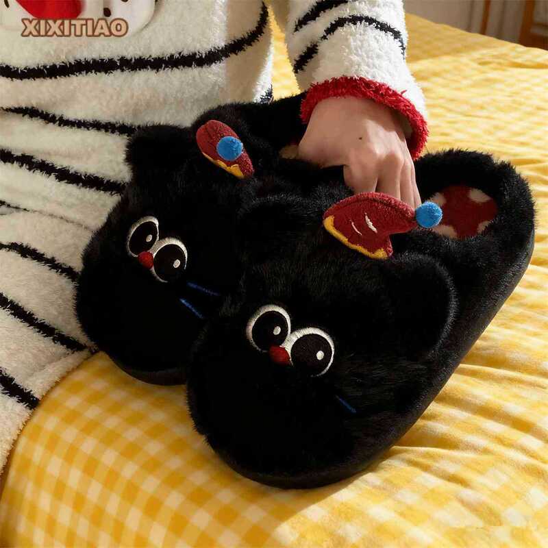 Birthday Little Black Cat Winter Cotton Slippers for Women 2025 Autumn and Winter Home Indoor Platform Sole Cotton Slippers for Women Stuffed