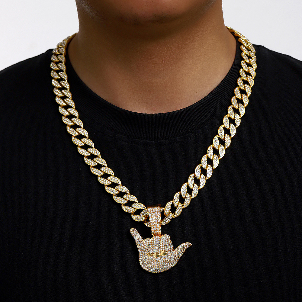 Collar con Colgante de Aleación con Diamantes Completos, Diseño de Gestos de la Suerte, Personalizado, Estilo Hip-Hop para Hombre, Cadena Cubana, Anillo de Dedo Texturizado