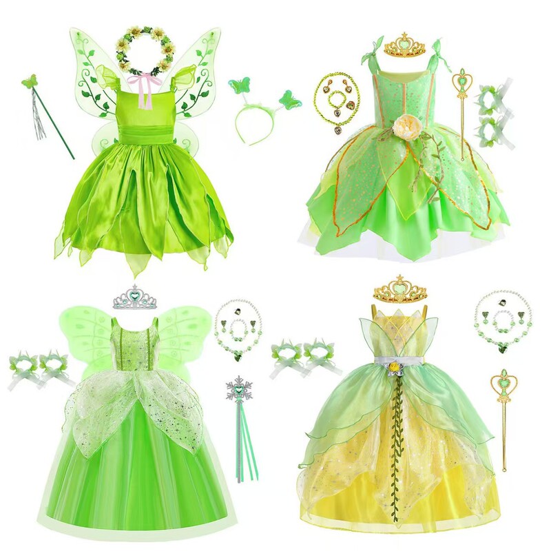 Fresh and Simple Green Princess Dress Halloween Cosplay Party Costume Fairy Children's Day Girls' Princess Dress Set