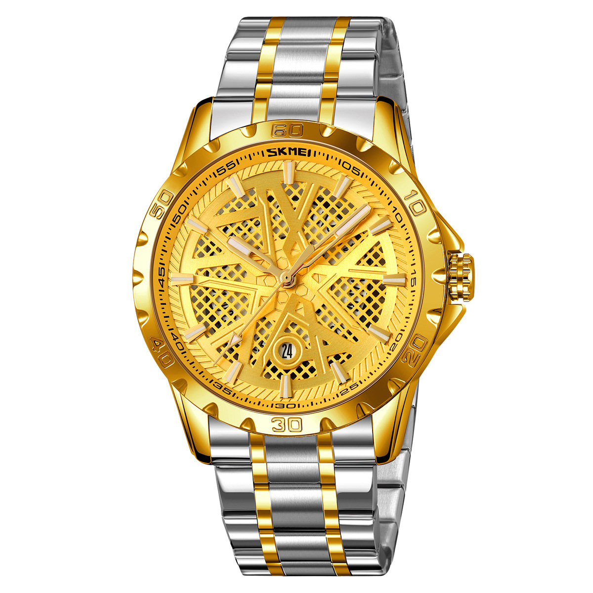 Momento de reloj de hombre redondo hueco correa de acero impermeable calendario reloj de pulsera simple reloj de cuarzo comercial al por mayor transfronterizo