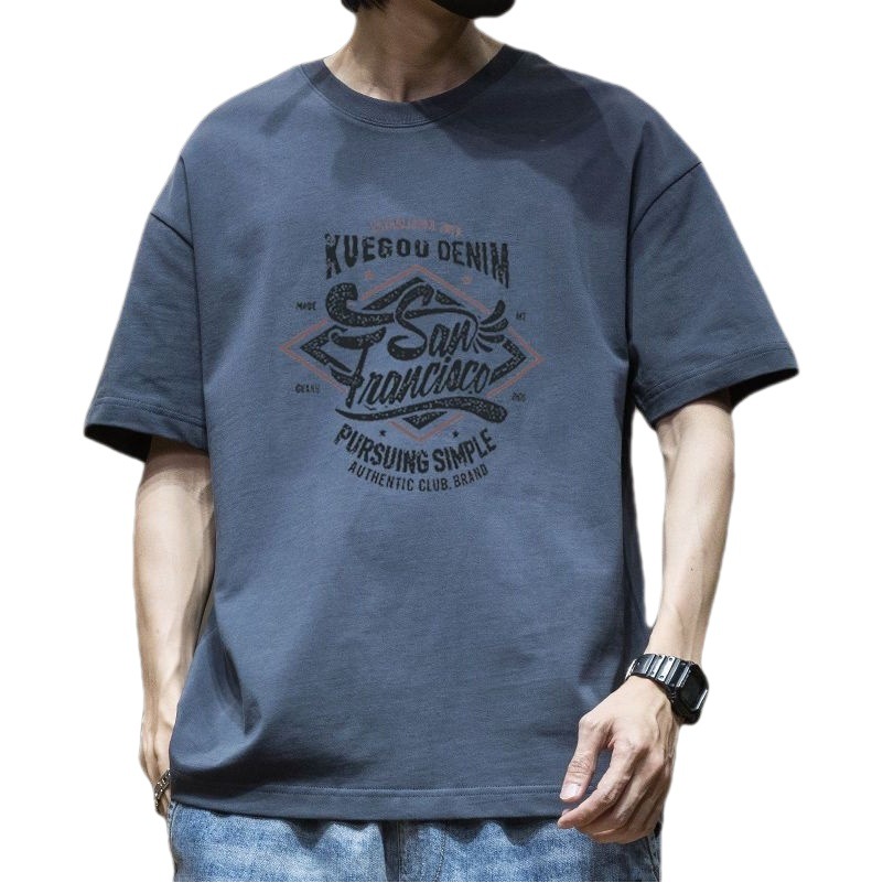 Camiseta de moda nacional blanca manga corta de los hombres media manga suelta impresa retro cuello redondo carta más tamaño americano pesado ins