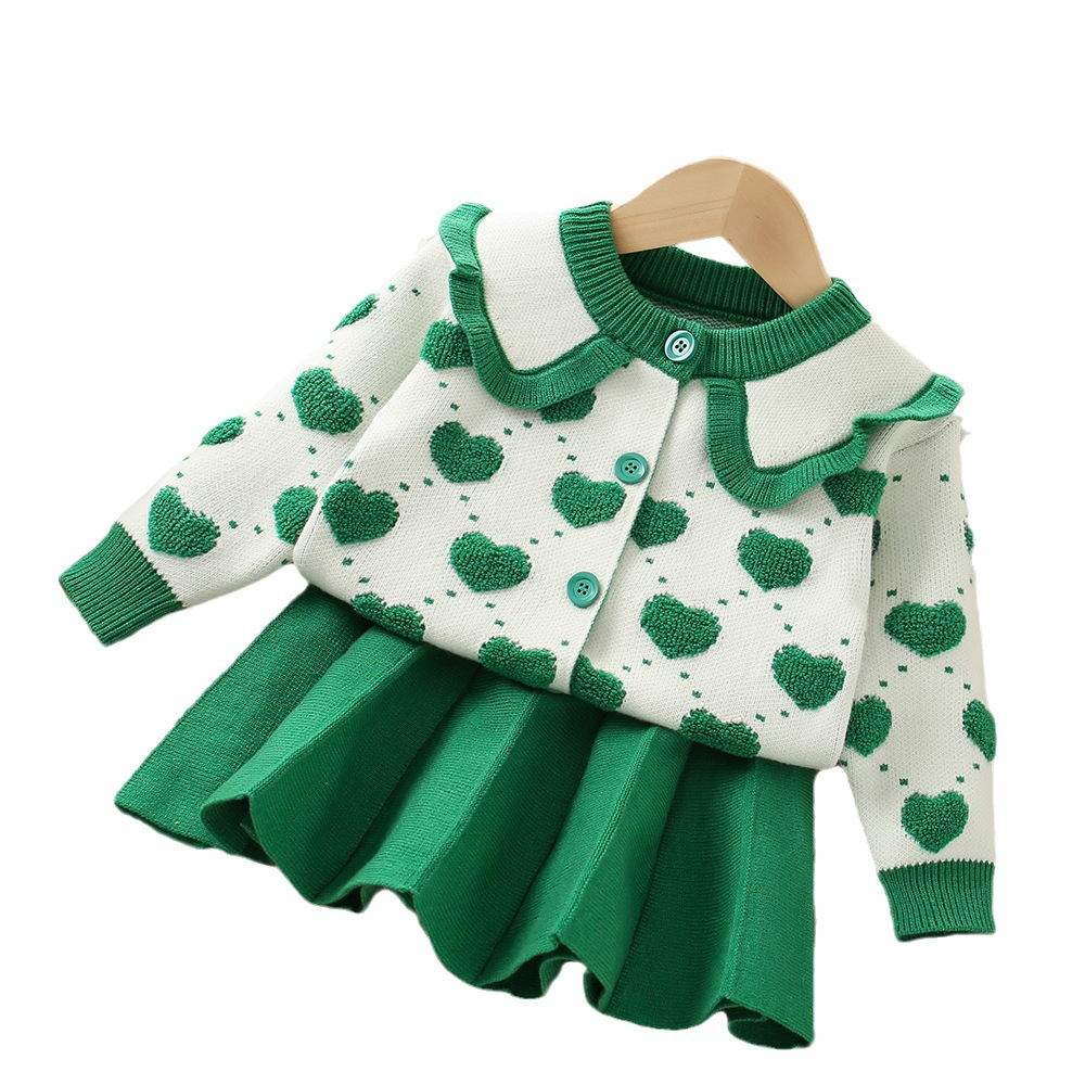 Maglione di Natale 2023 Autunno/Inverno Nuova Edizione Coreana Bambina Piccolo Cuore Granulare Velluto Maglia Gonna Set di_voghion.com