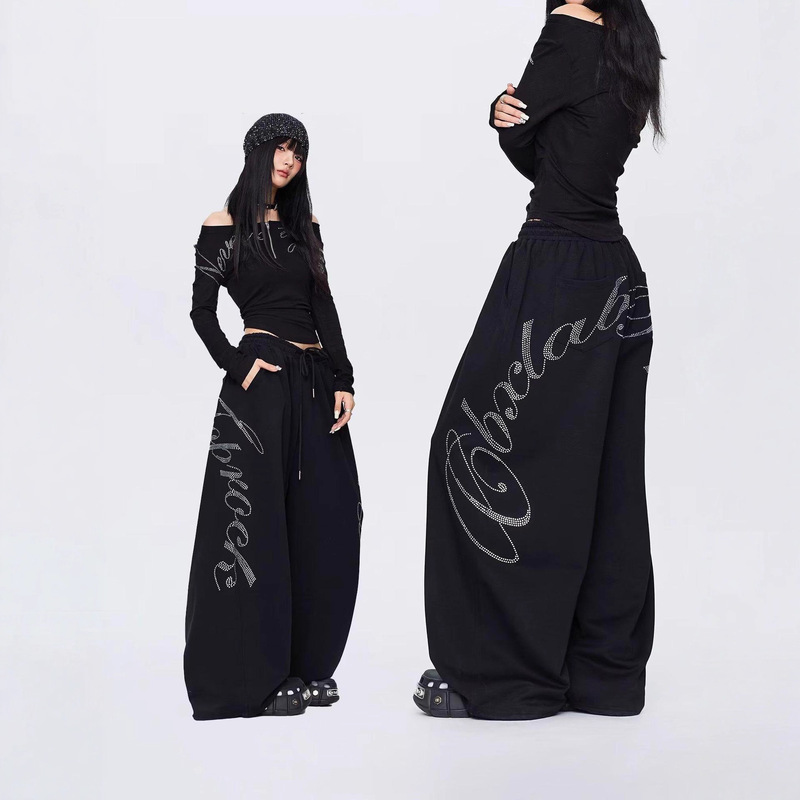 Vintage Hip-Hop Rhinestone Black Hip-Hop Casual Sweatpants for Women Winter Design Jazz Dance Scimitar Pants
