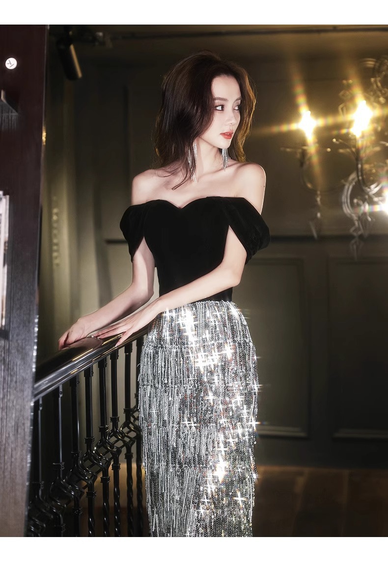Đầm dạ hội nữ trễ vai đính sequin phong cách Pháp — Màu hình ảnh mẫu dài chi tiết 10