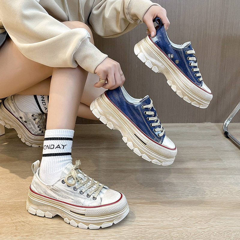 Estilo coreano retro zapatos de lona angustiados zapatos sucios 2023 primavera y verano plataforma muffin zapatos casuales zapatos de mujer mendigo a juego
