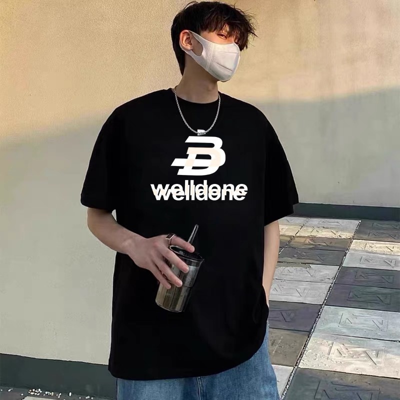 クロスボーダー卸売 25s トレンディなブランドヘビーウェイト WELL ニッチアメリカンスポーツルーズ男性と女性のカップルプリント半袖 T シャツ|undefined