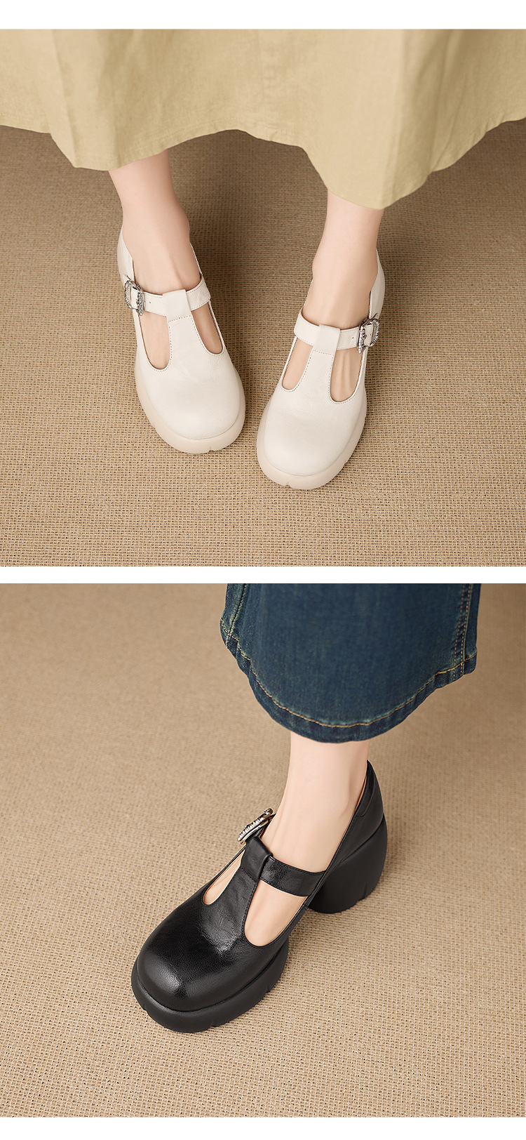 Giày Mary Jane nữ da cừu cao cấp gót vuông 8 cm quai ngang khóa chữ T — màu đen chi tiết 8