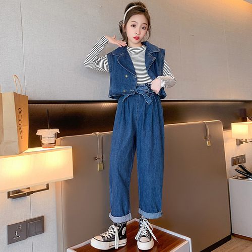 Ladycloset Spring Outfit 2024 New Children's Stylish Korean Version Girls' Junior Spring Denim Vest Pants Set of Three