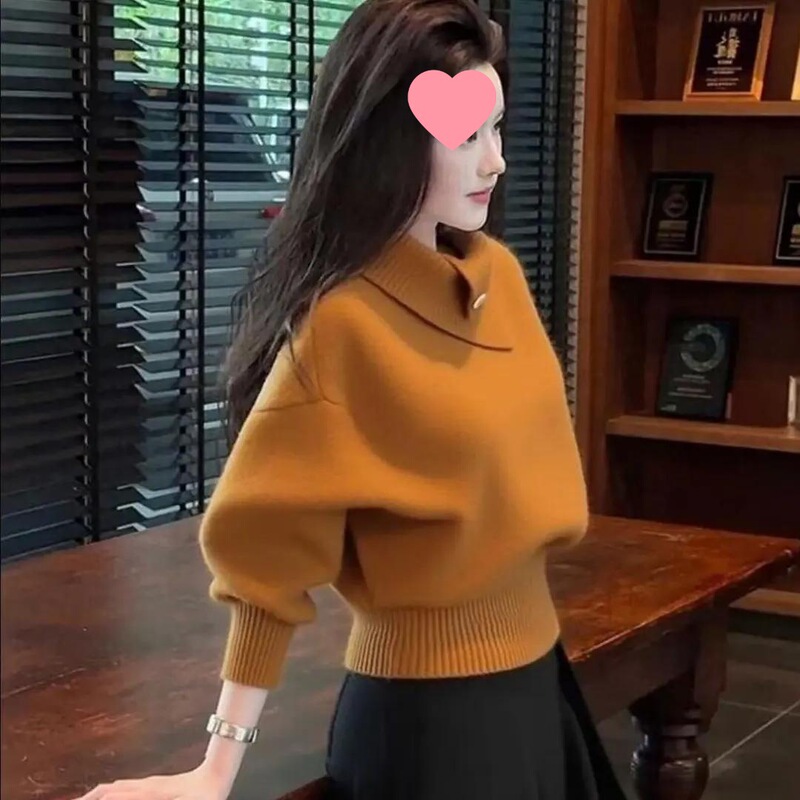 2025 Autumn/Winter Korean Style High-Quality Old Money Style Mature Design Soft and Cozy Lazy Orange High-Neck Knitted Sweater for Women