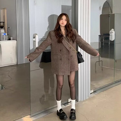 新款秋冬高级赫本风小个子西装中长款外套呢子大衣复古毛呢上衣女