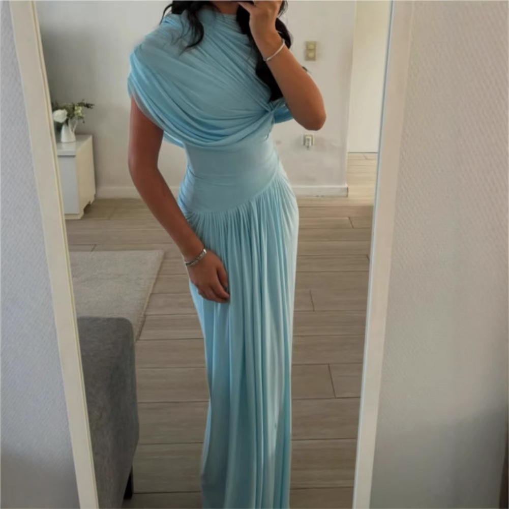 K Retro Shawl Style Pleated Standing Cut Dress With Wrapped Body Length_voghion.com