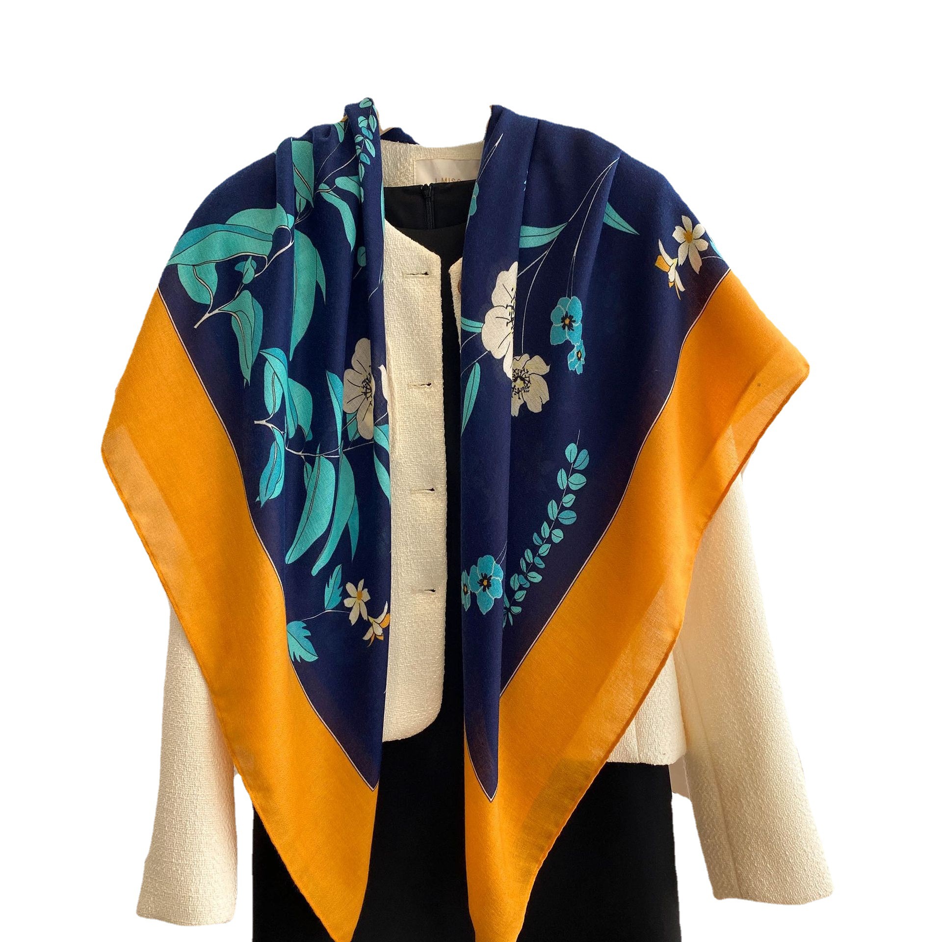 Japonés y coreano dulce flor artística 135*135cm bufanda cuadrada grande de algodón y lino sensación bufanda de viaje protector solar bufanda