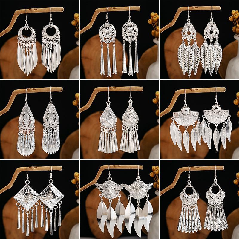 Imitation silver Miao earrings Bohemian long leaf tassel minority tourist attractions earrings earrings