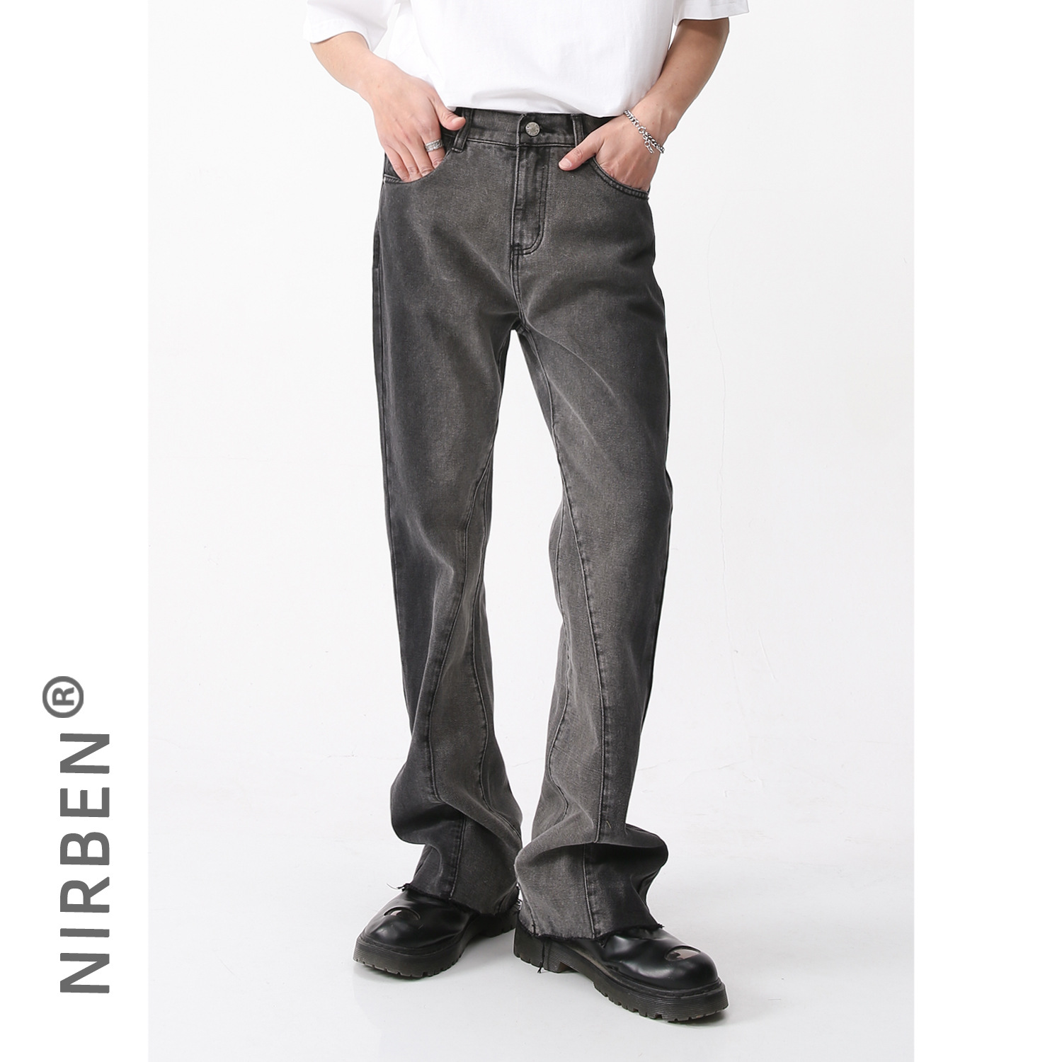 Nirben Denim | Pantalones acampanados de los nuevos hombres de moda retro cintura elástica estilo coreano gradiente pantalones acampanados