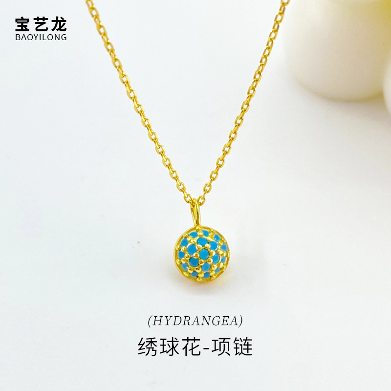 Hydrangea Necklace Women's S925 Sterling Silver Ins Style Light Luxury High-grade Inlaid Turquoise Round Pendant Clavicle Chain
