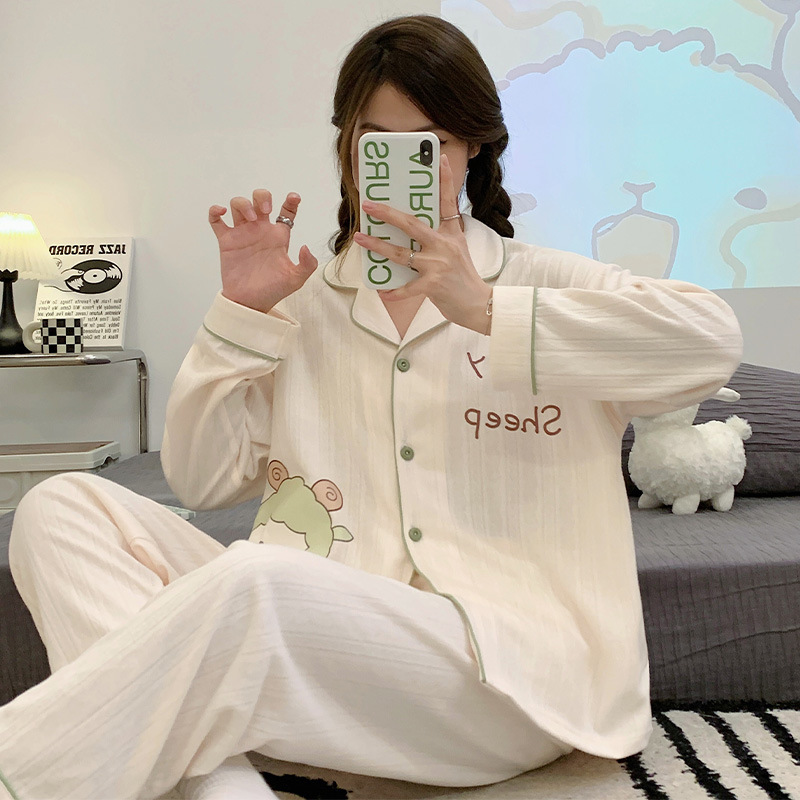 Japón ins pijama de dibujos animados mujeres peinado jacquard algodón otoño invierno manga larga adorable chica dulce conjunto de ropa de casa