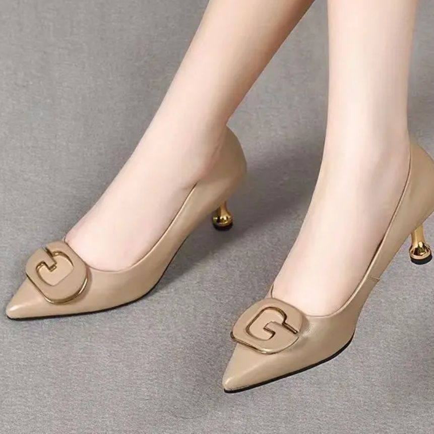 Giày cao gót mũi nhọn nữ da bò thật mềm, gót 6 cm, form ôm chân thoải mái — Màu đen gót nhọn