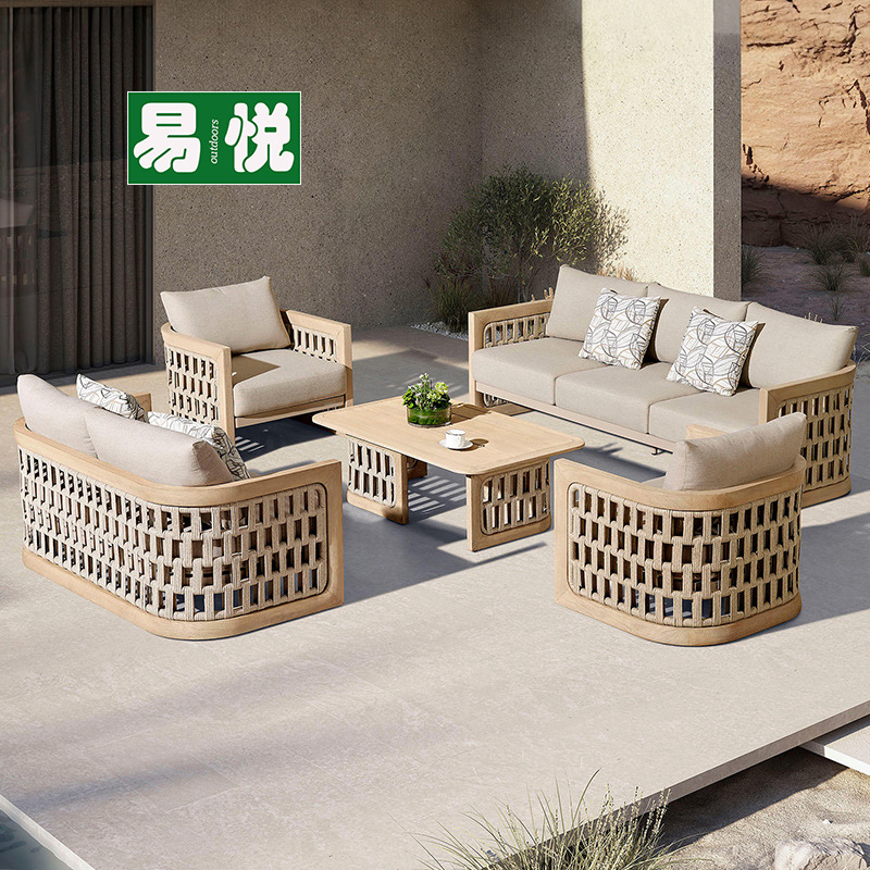 Sofá de cordón de patio nórdico combinación balcón villa al aire libre silla de caña jardín muebles de madera maciza al aire libre sofá de teca
